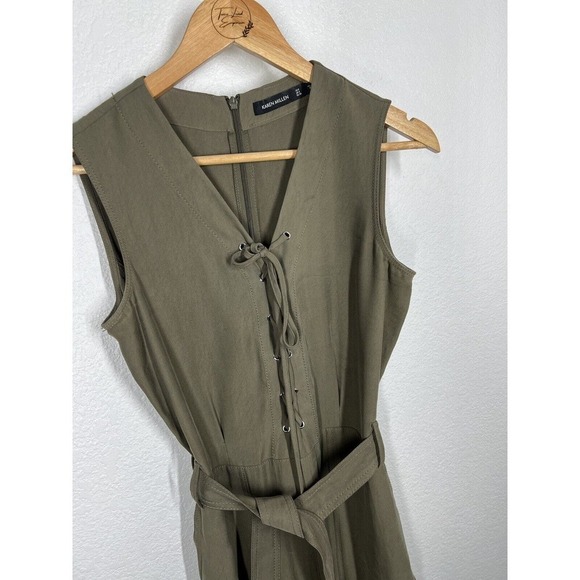 Karen Millen Utility Jumpsuit Size 4 Olive Green Lace Up Crop Wide Leg - Picture 4 of 8